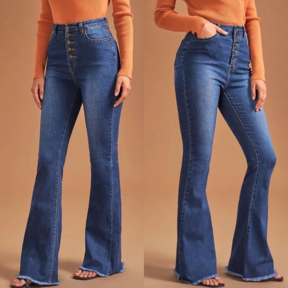 high waist Medium Wash button fitted denim bell bottom jeans - Picture 8 of 12